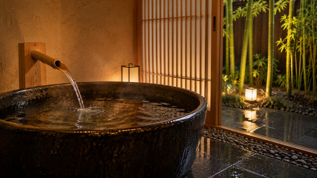 Luxury Private Onsen Ceramic Bathtub in Traditional Japanese Ryokan Room Overlooking Illuminated Bamboo Garden