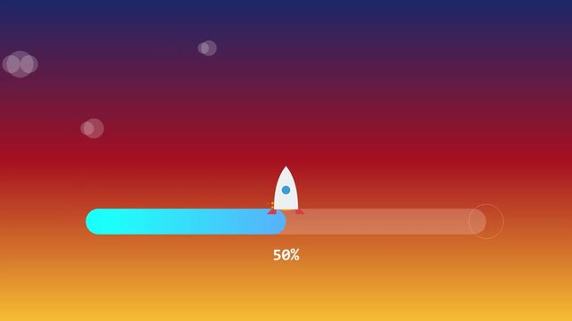 Horizontal Rocket Progress Bar Animation from 0 to 100 Percent with Minimal Clouds and Parallax Motion