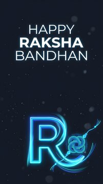 Happy Raksha Bandhan greeting card design with glowing neon letter R and traditional thread.