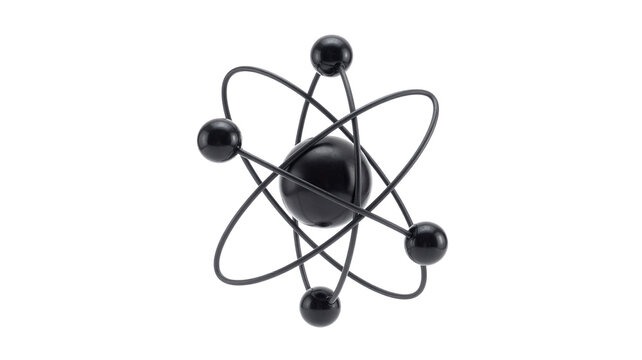 3d atomic model icon with black nucleus and electrons orbiting on white background science