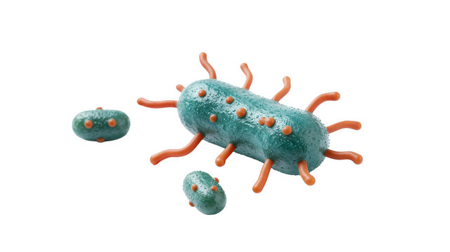 Model of bacteria microorganisms with flagella on a white background, science and education