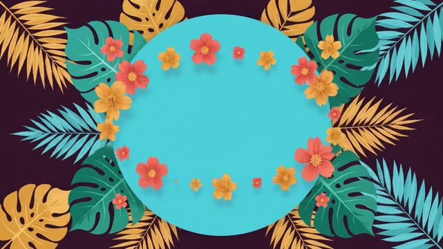 Tropical floral motion animation background featuring a vibrant blue circular frame surrounded by colorful palm leaves and blooming exotic flowers