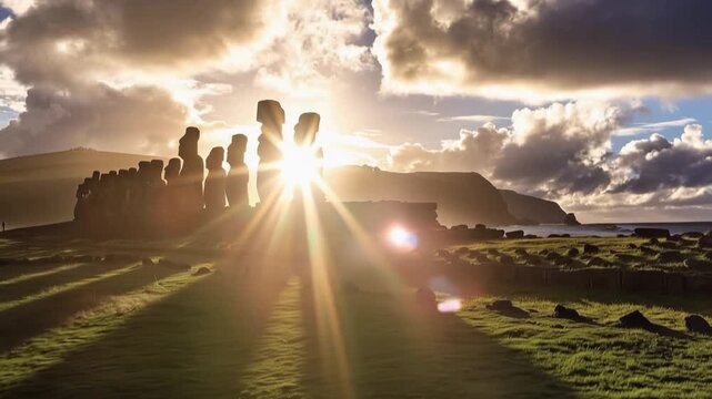 View of the iconic Moai statues at Ahu Tongariki standing in a row against a twilight sky on Easter Island, Valparaiso, Chile.