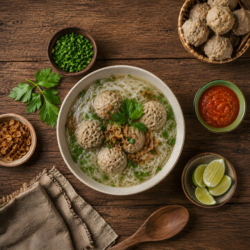 Top-down view of Indonesian bakso soup with noodles, meatballs, chili sauce, lime wedges, celery leaves, crispy fried shallots, and condiments arranged on a rustic wooden table.
