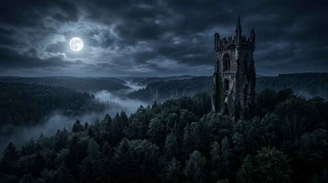 Dramatic full moon over a haunting gothic tower on a hill surrounded by a vast dark forest and misty valley, evoking mystery and fantasy in nature.
