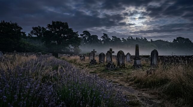 Old stone monument stands in foggy lavender cemetery under brilliant full moon casting eerie light for thematic composition about mortality reflection or historical mystery.