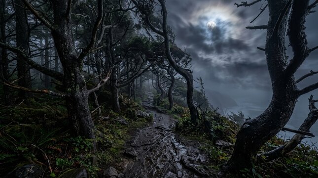 Eerie dark forest path under full moon with twisted coastal trees provides mysterious atmosphere for fantasy book covers horror movie posters or spooky nature backdrop designs.