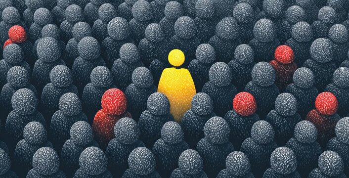A single, bright yellow figure amidst a multitude of dark gray figures, with a few other, distinct red figures also visible