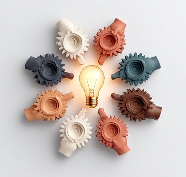 Diverse hands encircle a lightbulb, symbolizing teamwork and innovation