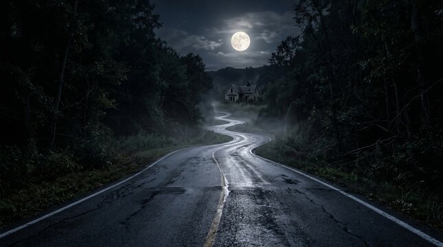 Long winding dark foggy road leading to distant haunted house under full moon in spooky forest perfect for horror film establishing shot or mystery novel cover.