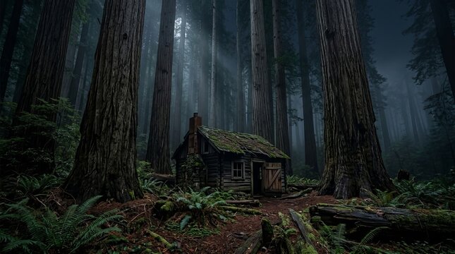 Small wooden cabin tucked inside deep dark redwood forest with glowing light coming from within surrounded by dense mossy trees for isolation themed nature photography.