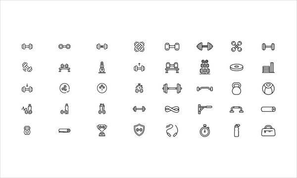 Set outline icons related to dumbbell. Linear icon collection. Editable stroke. Vector illustration
