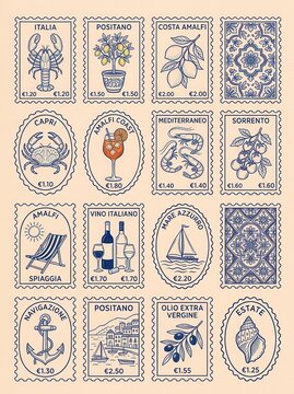 Vintage Style Italian Summer Postage Stamp Collection Featuring Amalfi Coast Icons and Mediterranean Motifs