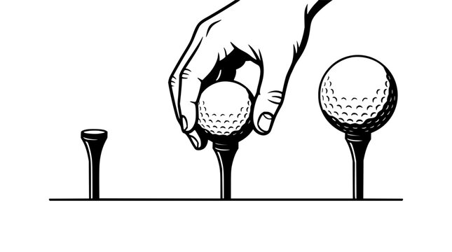Golf balls set with tee, hand and trajectory featuring putting, teeing and flight with motion lines and black and white