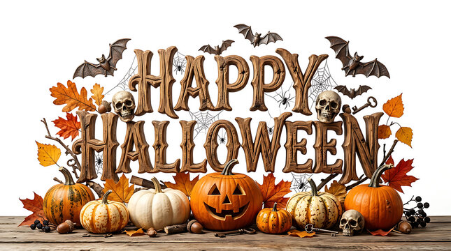 Happy Halloween rustic wooden lettering with pumpkins and skulls on wooden surface