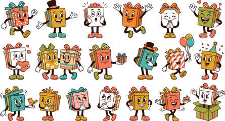 Fototapeta premium Cute gift box mascot collection featuring colorful presents, ribbons, birthday gifts, balloons, crowns, cupcakes, friendship, celebration, and joyful characters