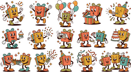 Fototapeta premium Cute gift box mascot collection featuring birthday parties, balloons, cakes, presents, photography, friendship, confetti, and joyful celebrations