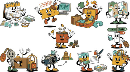 Fototapeta premium Cute travel mascot collection featuring trip planning, booking, luggage, maps, passports, photography, postcards, sightseeing, and vacation adventures