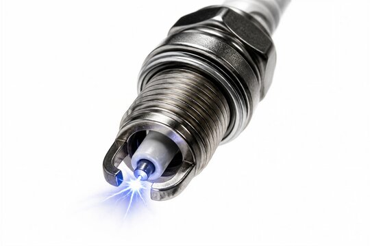 Spark plug producing spark isolated on white background