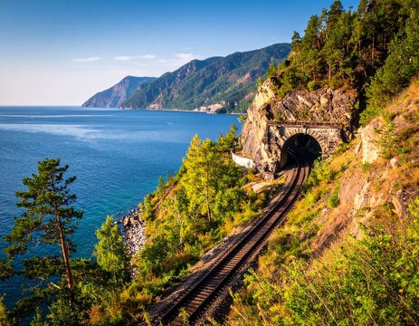 Circum Baikal railway stone tunnel over deep blue lake mountain track forest landscape russia