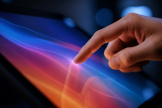 Hand touching colorful touchscreen display with light trails