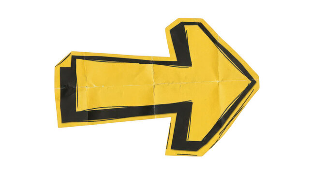 Vintage yellow paper arrow, distressed paper cutout sign, retro directional pointer with black border, textured paper arrow icon isolated on Transparent Background