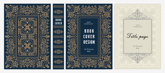 Naklejka premium Classic vintage book cover, title page, spine design with Art Deco, Baroque, Art Nouveau and Victorian ornaments. Elegant decorative frame, retro style for publications, posters and artistic layouts.