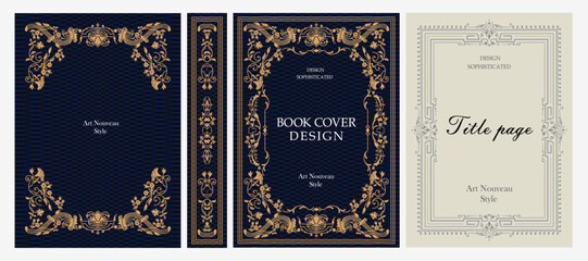 Naklejka premium Classic vintage book cover, title page, spine design with Art Deco, Baroque, Art Nouveau and Victorian ornaments. Elegant decorative frame, retro style for publications, posters and artistic layouts.