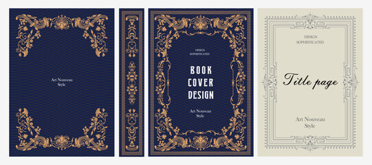 Naklejka premium Classic vintage book cover, title page, spine design with Art Deco, Baroque, Art Nouveau and Victorian ornaments. Elegant decorative frame, retro style for publications, posters and artistic layouts.