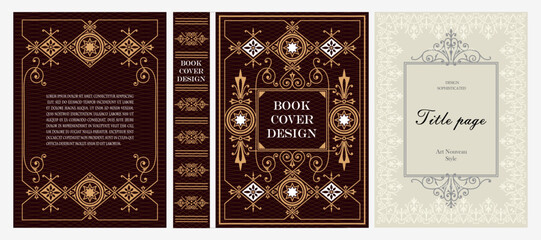 Naklejka premium Classic vintage book cover, title page, spine design with Art Deco, Baroque, Art Nouveau and Victorian ornaments. Elegant decorative frame, retro style for publications, posters and artistic layouts.