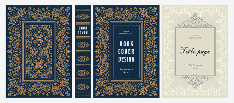 Classic vintage book cover, title page, spine design with Art Deco, Baroque, Art Nouveau and Victorian ornaments. Elegant decorative frame, retro style for publications, posters and artistic layouts.