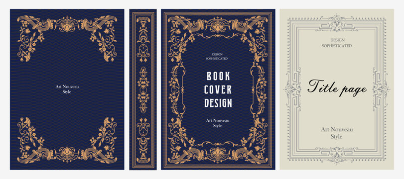 Classic vintage book cover, title page, spine design with Art Deco, Baroque, Art Nouveau and Victorian ornaments. Elegant decorative frame, retro style for publications, posters and artistic layouts.