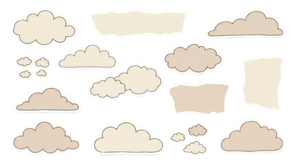 Fototapeta premium Minimalist hand drawn cloud collection, beige aesthetic sky elements, set of 15 soft doodle clouds for scrapbooking and web design isolated on Transparent Background