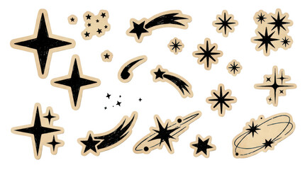 Fototapeta premium Vintage celestial star stickers, retro black and beige hand drawn sparkles, collection of mystical cosmic shapes for scrapbooking isolated on Transparent Background