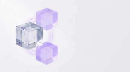 Naklejka premium 3D Translucent Glass Cube with Ghosted Parallel States and Violet Light Trails for Quantum Superposition Computing and Qubit Concept on White Background 