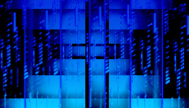 Fond num&eacute;rique abstrait bleu avec code binaire vertical effet matrice