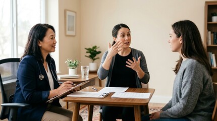 Fototapeta premium Sign language interpreter standing beside a physician during a bedside hospital consultation