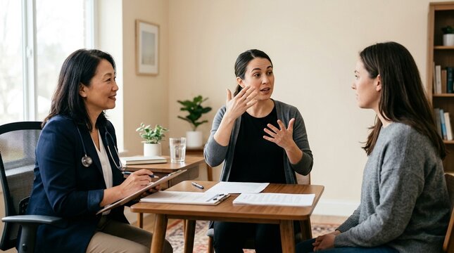 Sign language interpreter standing beside a physician during a bedside hospital consultation