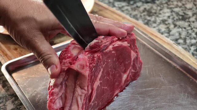 Hands slice a thick raw beef cut with a knife while preparing meat for a traditional Argentine barbecue.