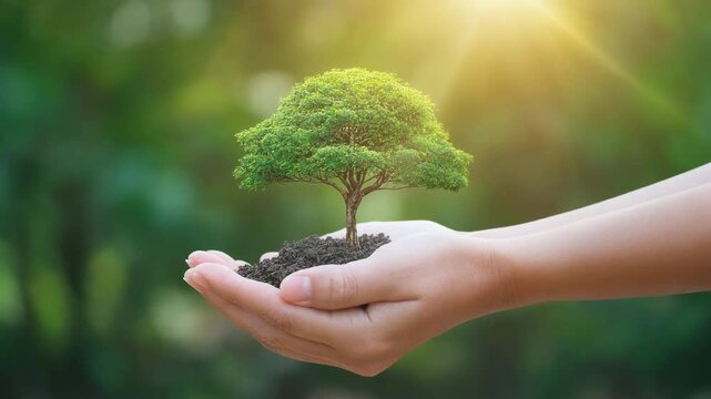 Hands holding a small growing tree in sunlight with blurred green background symbolizing environmental growth and protection