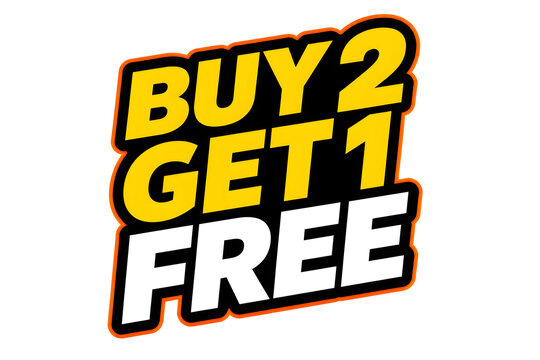 Buy 2 Get 1 Free bold yellow sale banner with black 3D text for promotions