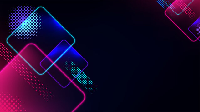 Abstract neon geometric background vector with glowing cyan and pink rounded square frames dotted halftone pattern vibrant electric dark futuristic technology banner