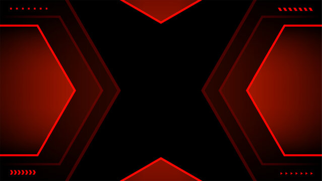 Red and black gaming background with glowing neon light elements futuristic geometric hexagon frame abstract dark banner presentation template tech wallpaper with copy space