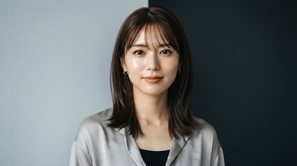 Obraz premium Young asian woman with natural makeup smiling against a two tone background