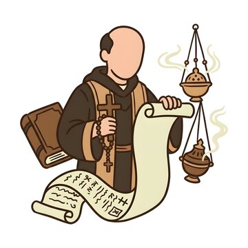 Cartoon monk holding scroll with incense burner and book