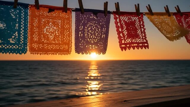 Colorful papel picado banners hanging against sunset over the ocean