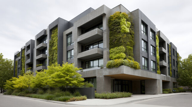 Modern energy efficient green architecture apartment building with vertical garden, balcony, and landscaped urban frontage under cloudy sky