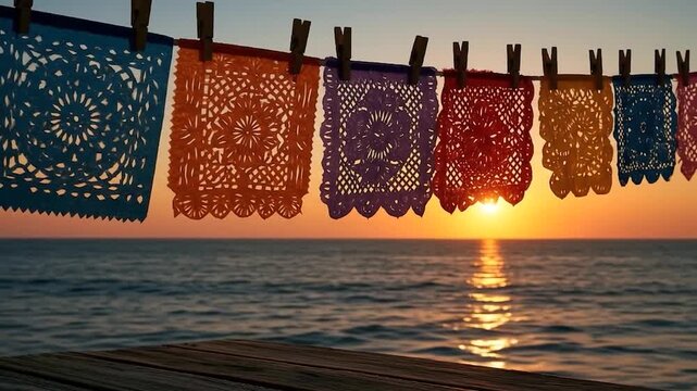 Papel picado banners hanging on a clothesline at sunset over the ocean