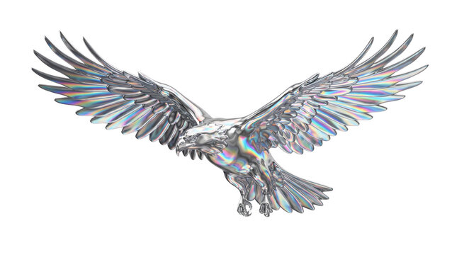 Holographic chrome eagle in flight, iridescent metallic bird sculpture, futuristic silver raptor with spread wings on white background