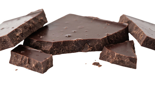 Dark chocolate chunks on white background, broken cocoa bar pieces, gourmet bitter chocolate shards for baking and dessert